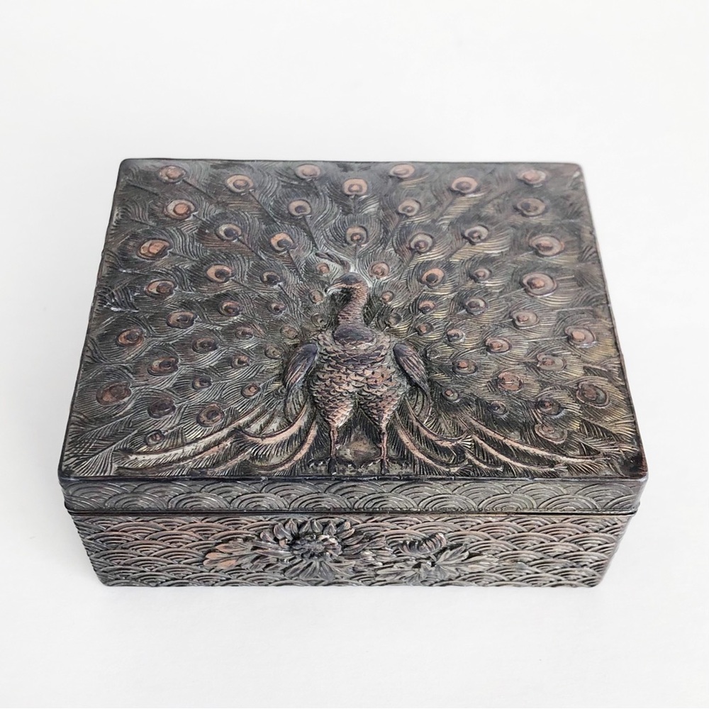 Vintage Silver Peacock Repoussé Trinket Box Jewelry Box Décor